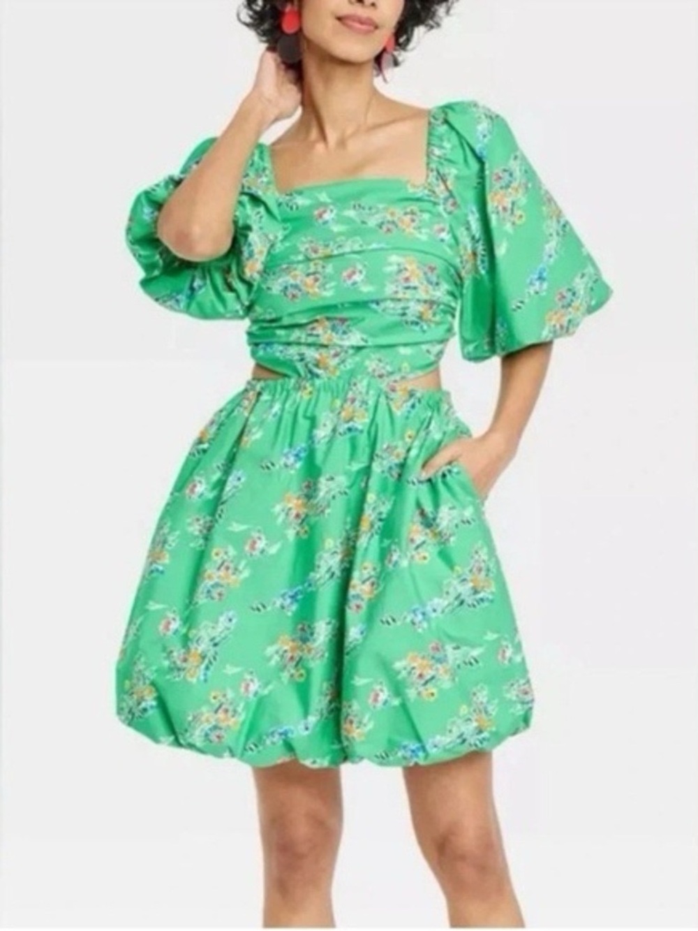 A New Day XL Green Floral Cutout Ruched Square Neck Puff Sleeve Bubble Dress NWT